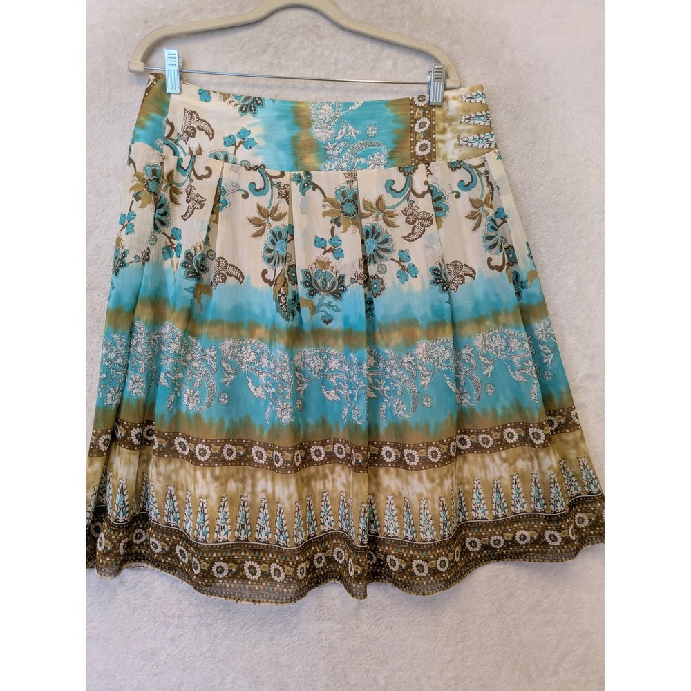 K & Company A-Line Skirt Women's 12 Teal Brown Paisley Floral Pleated Side‎ Zip